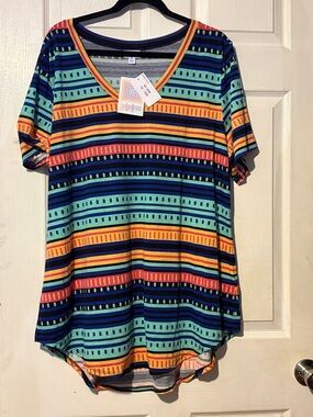 LuLaRoe Multicolor Striped V-Neck Tee in Blue/Purple, Teal, Orange, Yellow, Pink